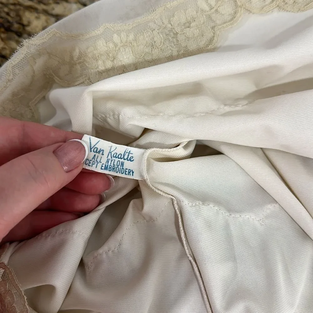 Van Raalte Suavette Vintage Cream Lace Trim Nightgown Slip Dress Size S/M